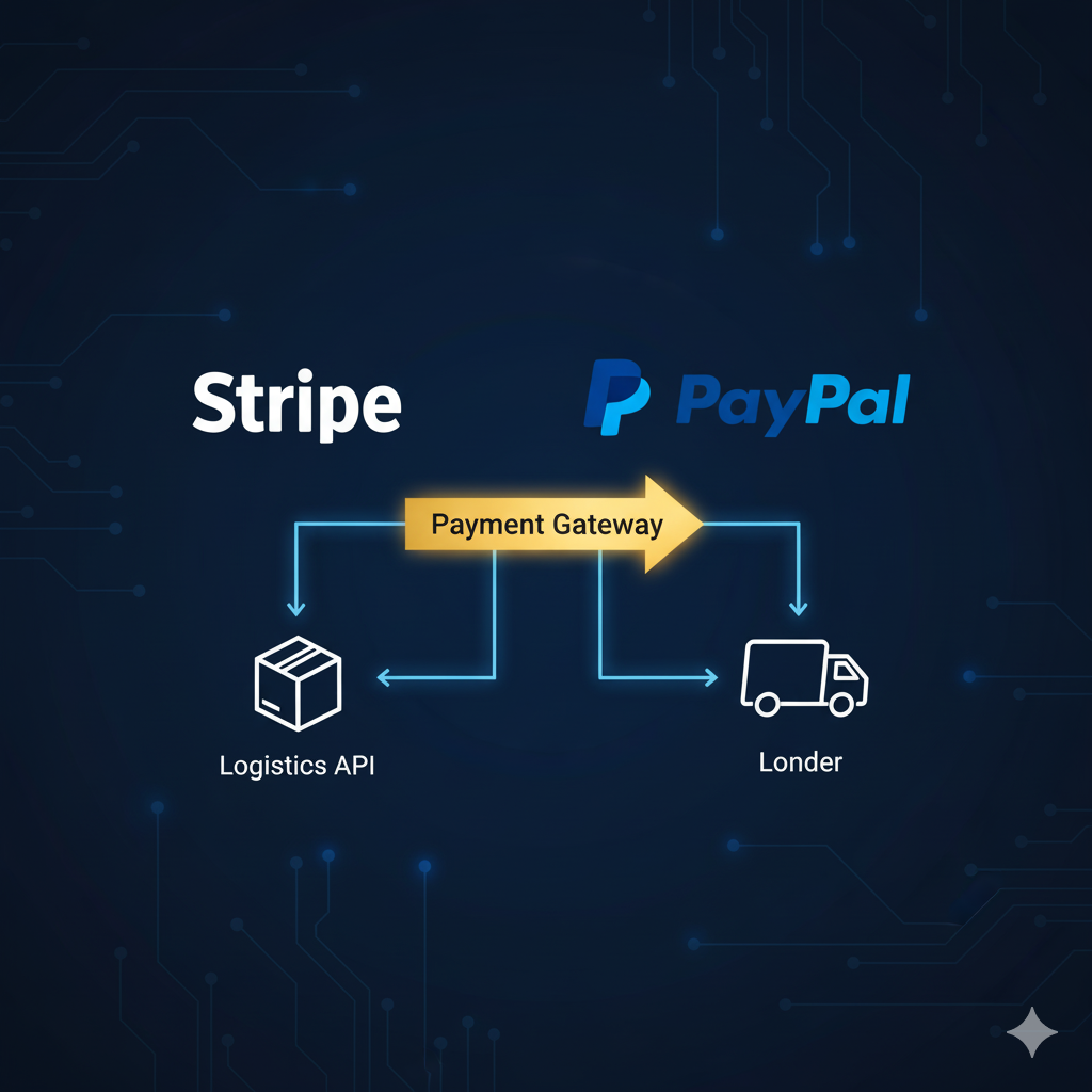 決済（Stripe/PayPal）と物流（API）の連携を示す設計図