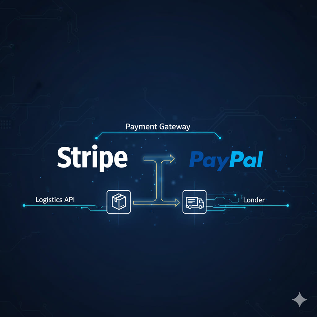 決済（Stripe/PayPal）と物流（API）の連携を示す設計図